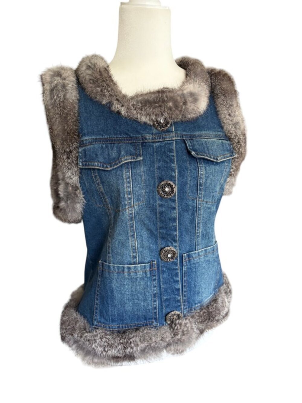 BEREK by Takako Sakon Vintage Denim Embellished Vest with fur vintage small